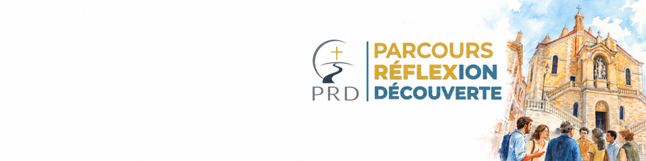 Bannière PRD, église et groupe en visite